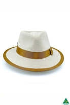 Beige and caramel Boston fedora with gold ribbon trim, wide brim, and structured crown.