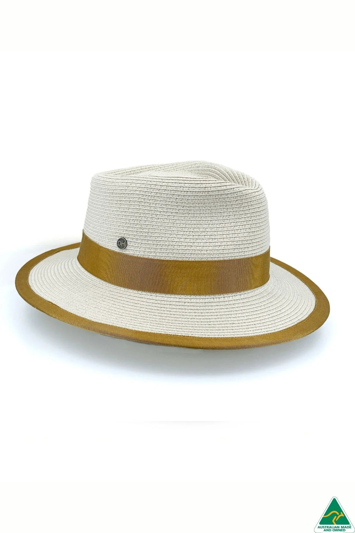 Beige and caramel Boston fedora with gold ribbon trim, wide brim, and structured crown.
