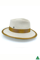 Beige and caramel Boston fedora with gold ribbon trim, wide brim, and structured crown.