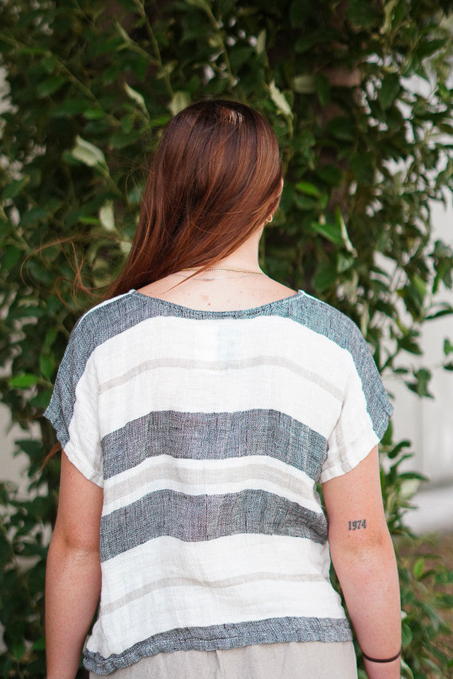Carina Box Top in black stripey design, featuring a relaxed, boxy fit and classic striped pattern for a versatile, stylish look.