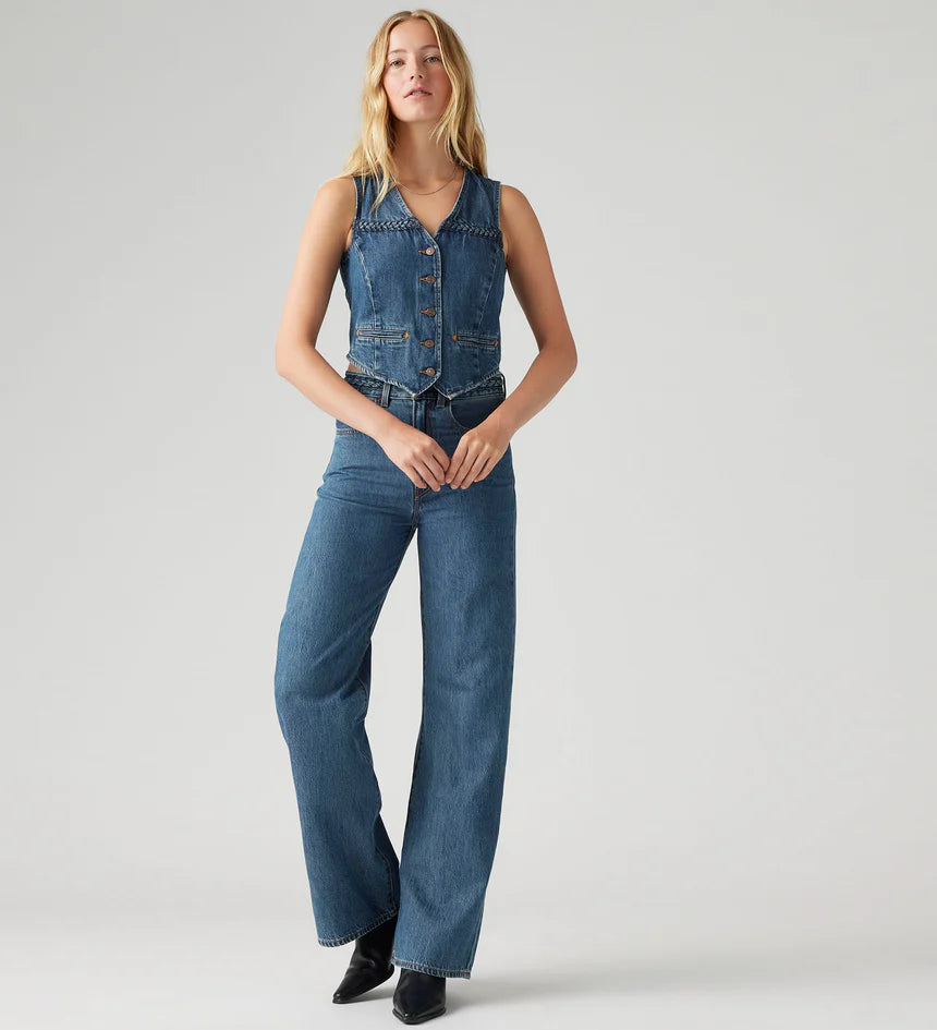 Women's Ribcage Wide Leg Braided Jeans, a high-rise, wide-leg denim with a braided waist detail, designed to define the waist and elongate the legs.