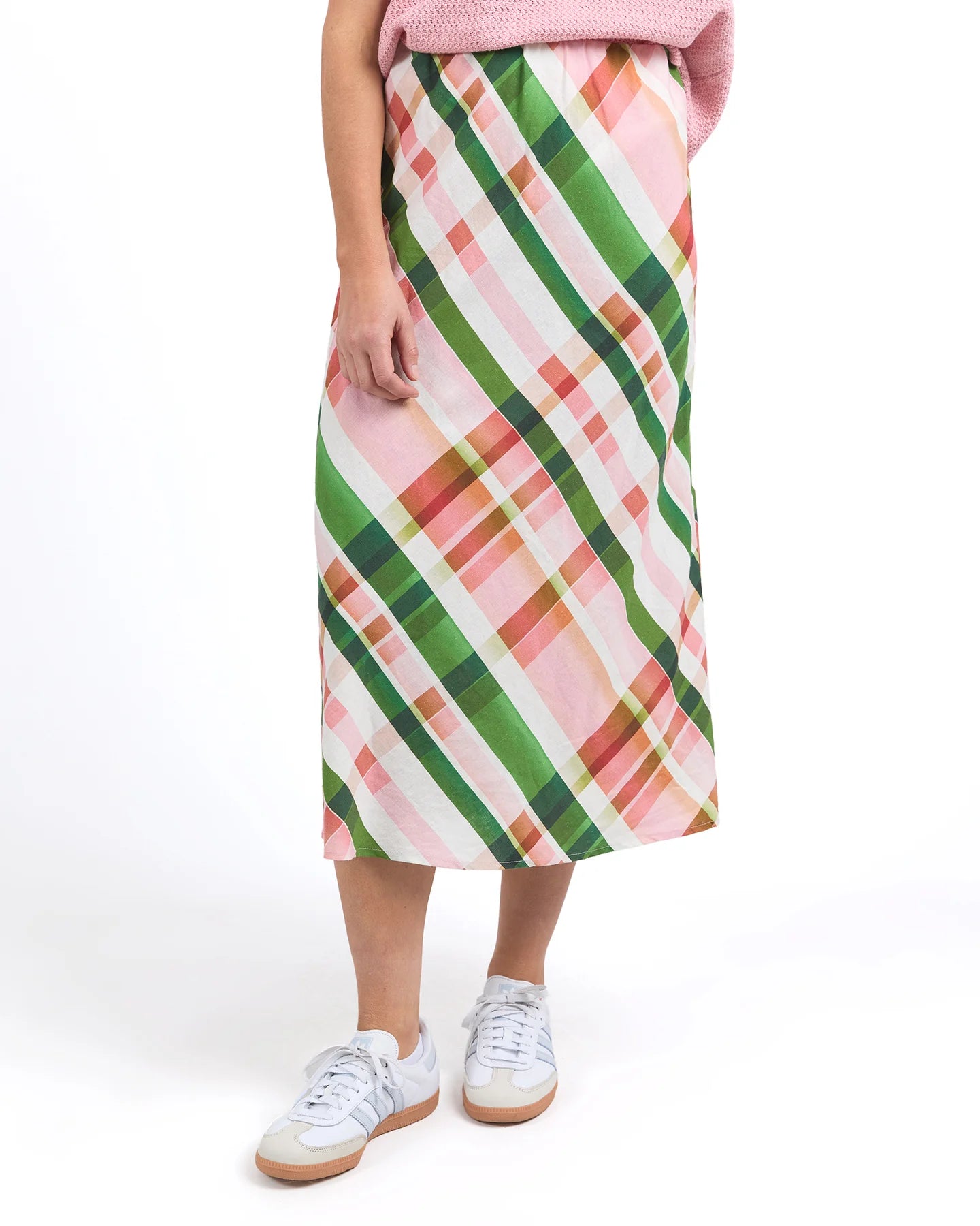 Bree Check Skirt in multi-check pattern, featuring a midi length, elastic waist, and soft linen-viscose fabric. Perfect for casual, chic outfits.