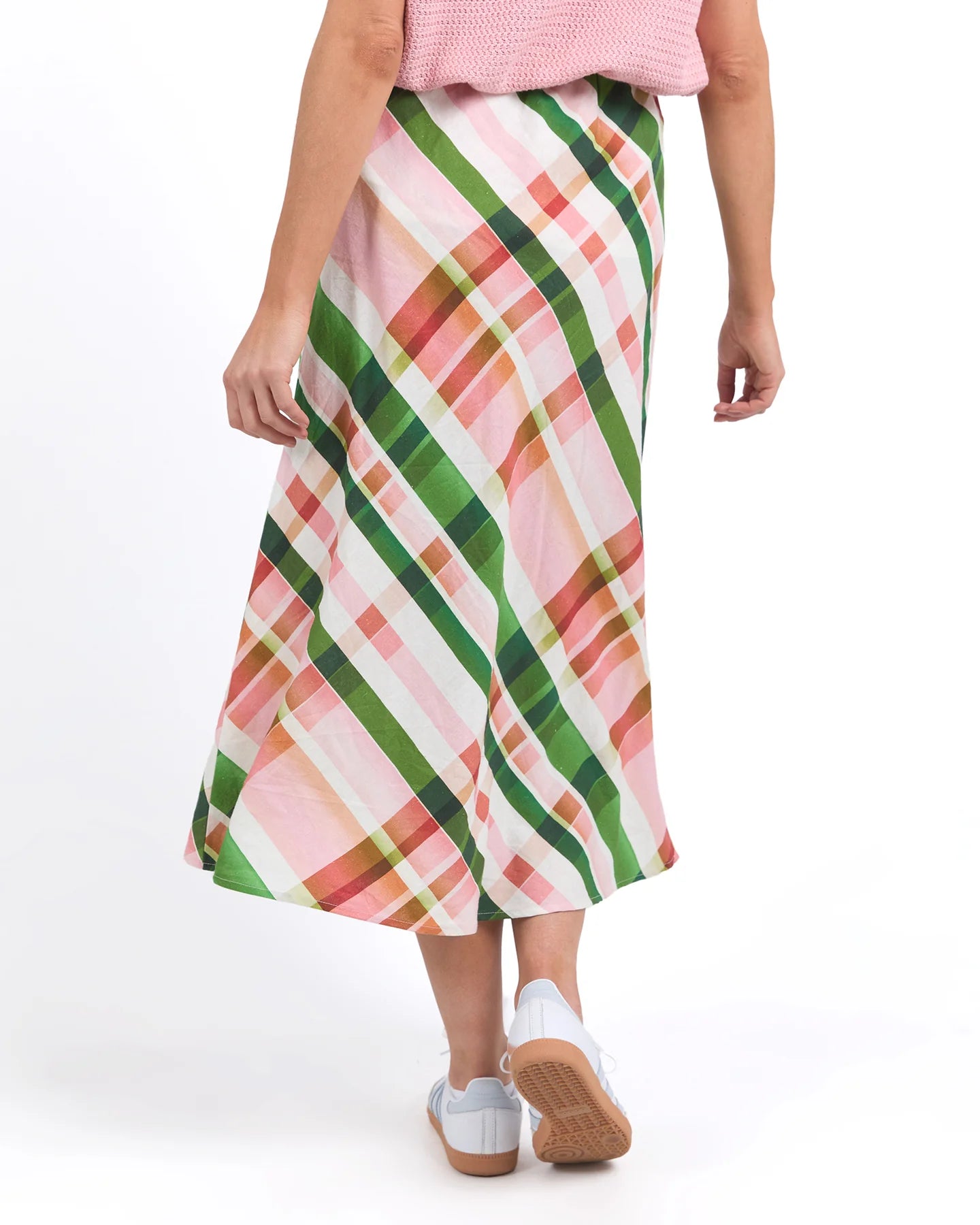 Bree Check Skirt in multi-check pattern, featuring a midi length, elastic waist, and soft linen-viscose fabric. Perfect for casual, chic outfits.