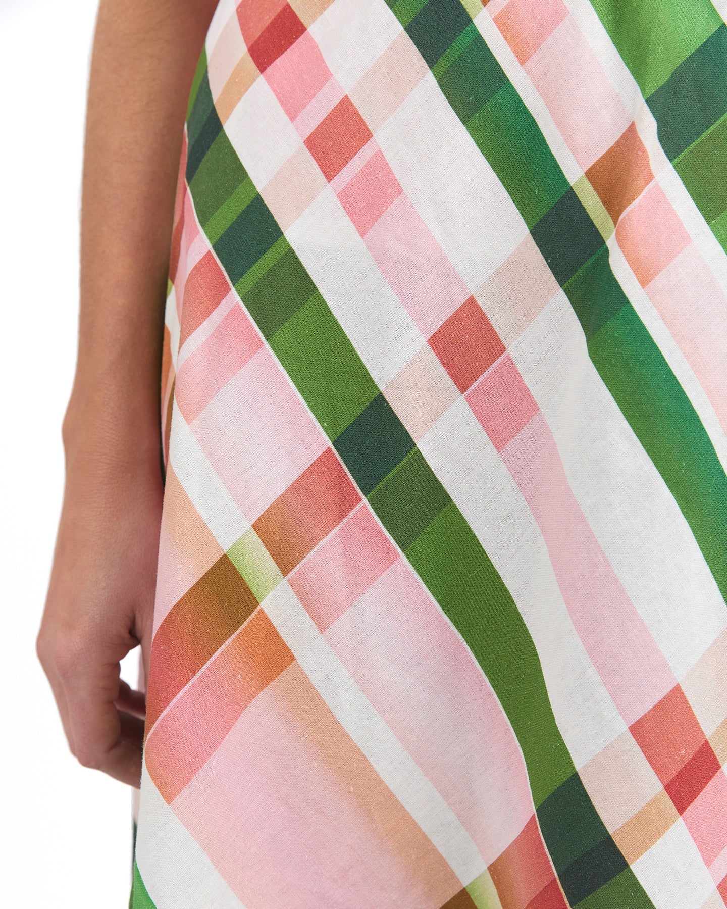 Bree Check Skirt in multi-check pattern, featuring a midi length, elastic waist, and soft linen-viscose fabric. Perfect for casual, chic outfits.