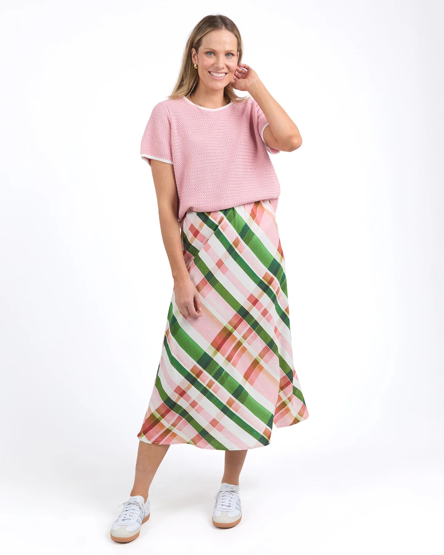 Bree Check Skirt in multi-check pattern, featuring a midi length, elastic waist, and soft linen-viscose fabric. Perfect for casual, chic outfits.