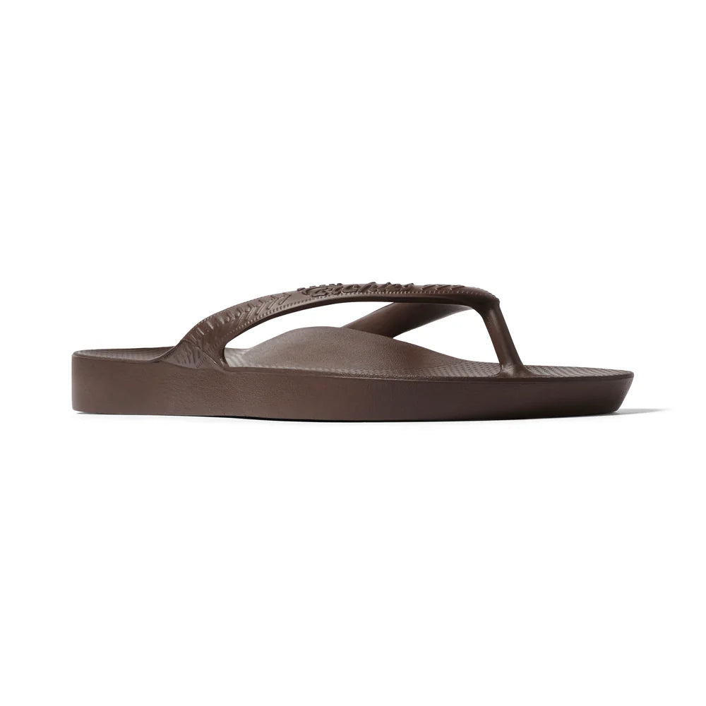 Chocolate brown arch support thongs with contoured footbeds and ergonomic straps for enhanced comfort and stability.