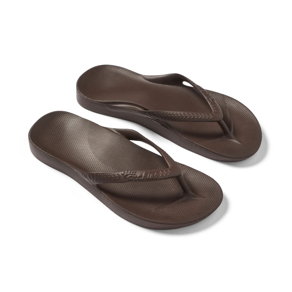 Chocolate brown arch support thongs with contoured footbeds and ergonomic straps for enhanced comfort and stability.