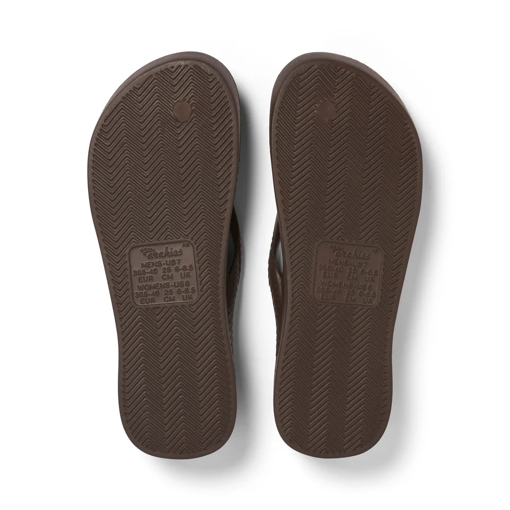 Chocolate brown arch support thongs with contoured footbeds and ergonomic straps for enhanced comfort and stability.