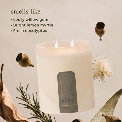 al.ive Willow Gum & Lemon Myrtle soy candle in a frosted glass vessel.