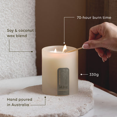 al.ive Willow Gum & Lemon Myrtle soy candle in a frosted glass vessel.