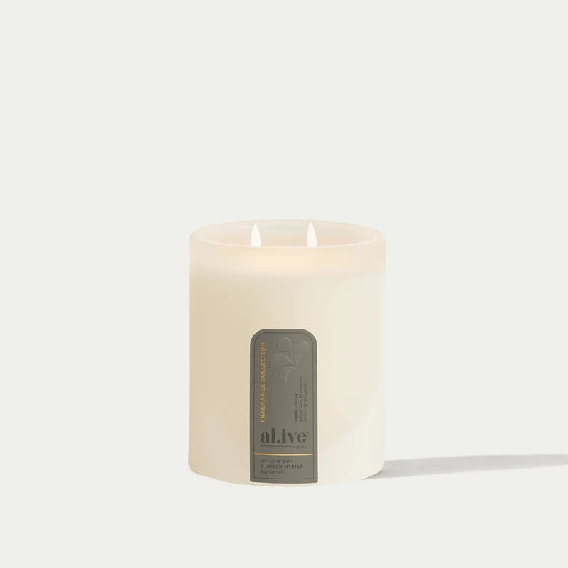 al.ive Willow Gum & Lemon Myrtle soy candle in a frosted glass vessel.