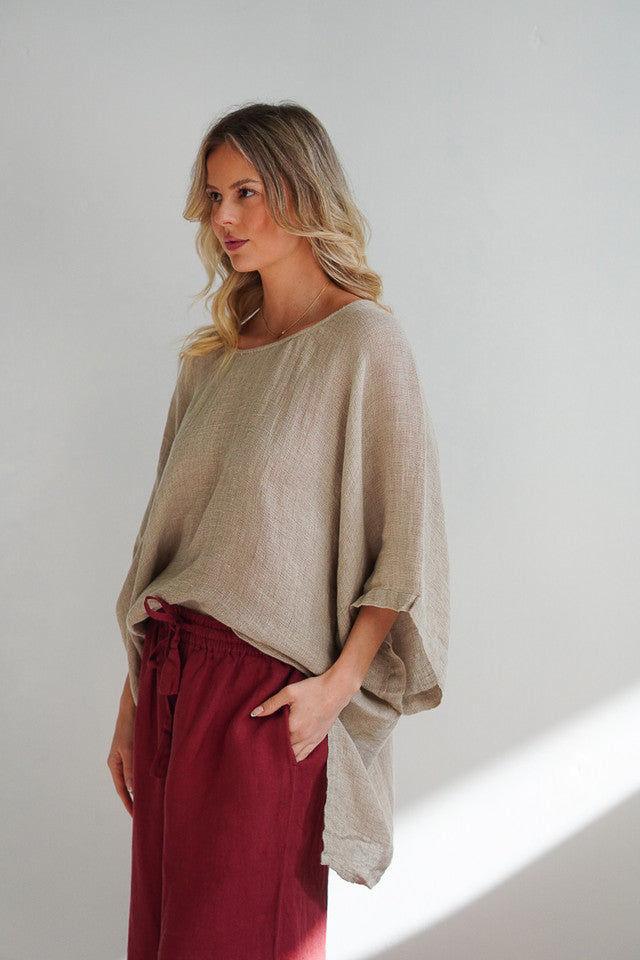 Natural Carlotta mesh linen top with wide sleeves, relaxed fit and lightweight breathable texture.