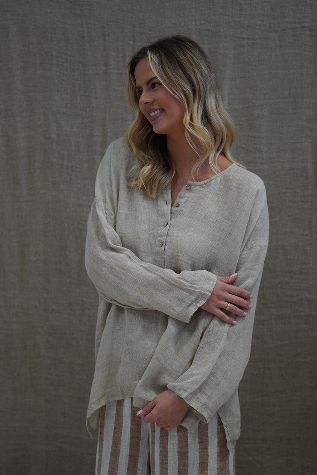 Natural Cecilia gauze linen top with button front, relaxed fit and soft, breathable stonewashed texture.