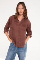 Oversized Boyfriend linen shirt in cinnamon, made from 100% organic Belgian linen, featuring a pre-washed buttersoft finish, French seams, tab sleeves, and a scoop hem for a relaxed, stylish fit.