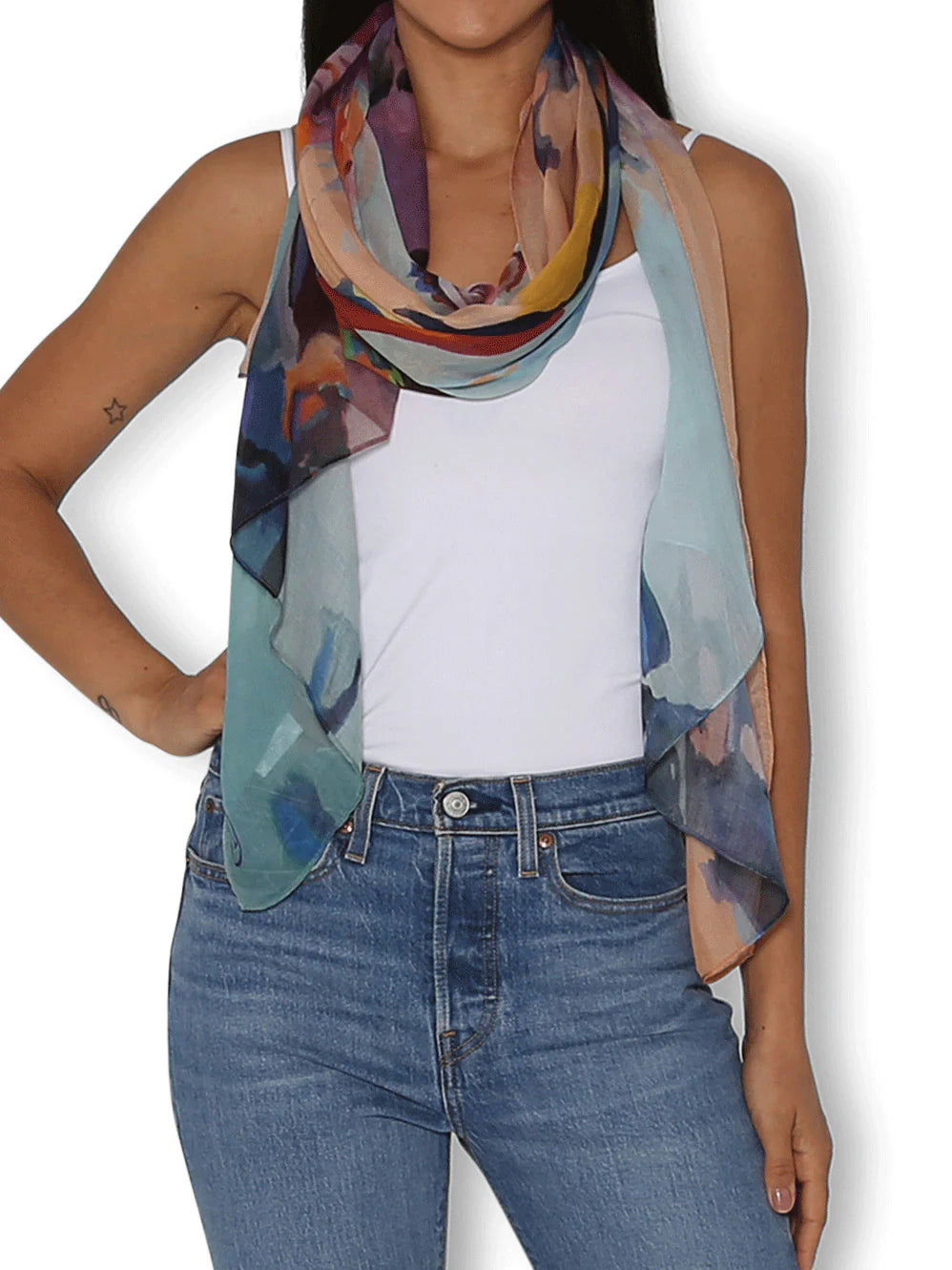 City of Masquerades scarf by Jennifer Gabbay, featuring vibrant, intricate designs inspired by Venice's Carnevale di Venezia, capturing the beauty of masks and costumes against the backdrop of canals.