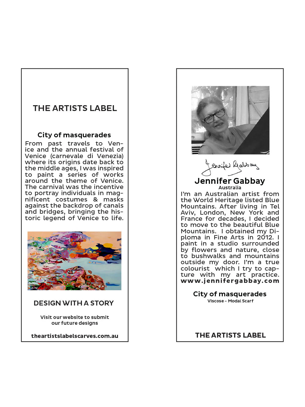 City of Masquerades scarf by Jennifer Gabbay, featuring vibrant, intricate designs inspired by Venice's Carnevale di Venezia, capturing the beauty of masks and costumes against the backdrop of canals.