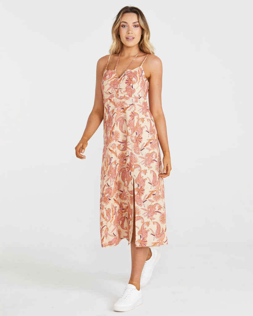 The Persian Paisley Clara Midi Dress by SASS is currently available at Rawspice Boutique.