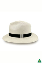 Clarence Glazed Straw Fedora in ivory with 6.5cm brim, 11cm crown, deep navy ribbon band with side detail, and ComfyFit adjustable internal band.
