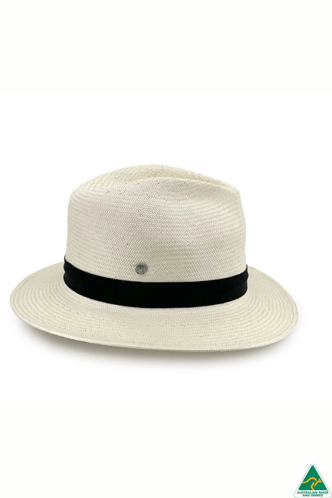 Clarence Glazed Straw Fedora in ivory with 6.5cm brim, 11cm crown, deep navy ribbon band with side detail, and ComfyFit adjustable internal band.
