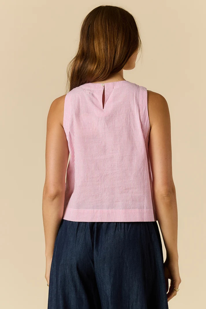 Cornelli Top featuring delicate embroidery and a sleeveless design, available in blue stripe, pink stripe and black.
