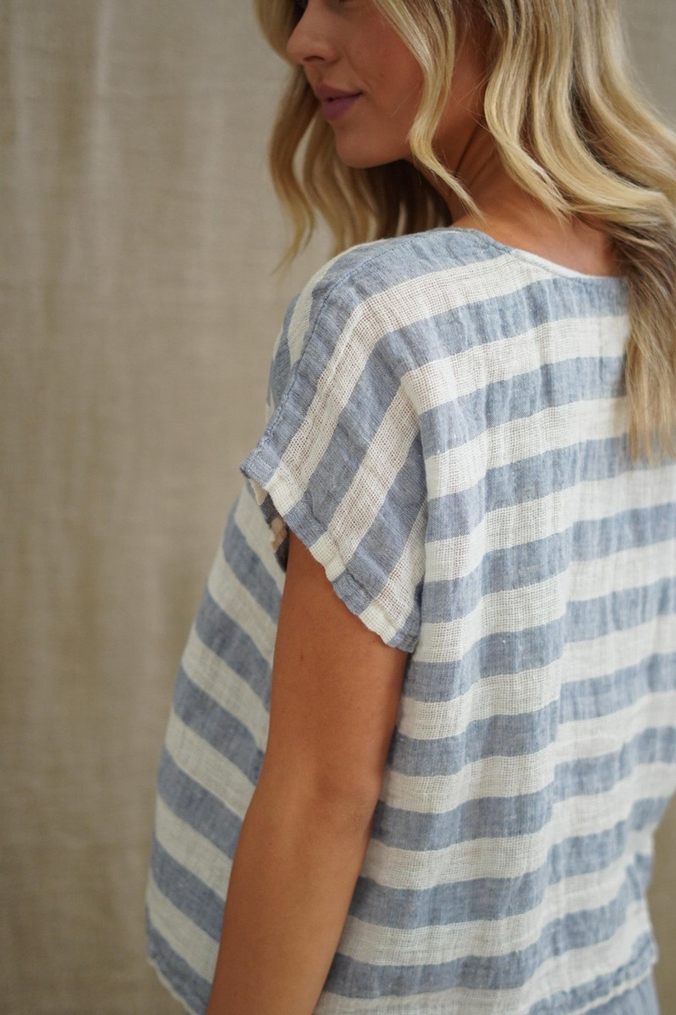 The Cornflower Blue & White Stripe Carina Box Top by Rustic Linen is available at Rawspice Boutique.