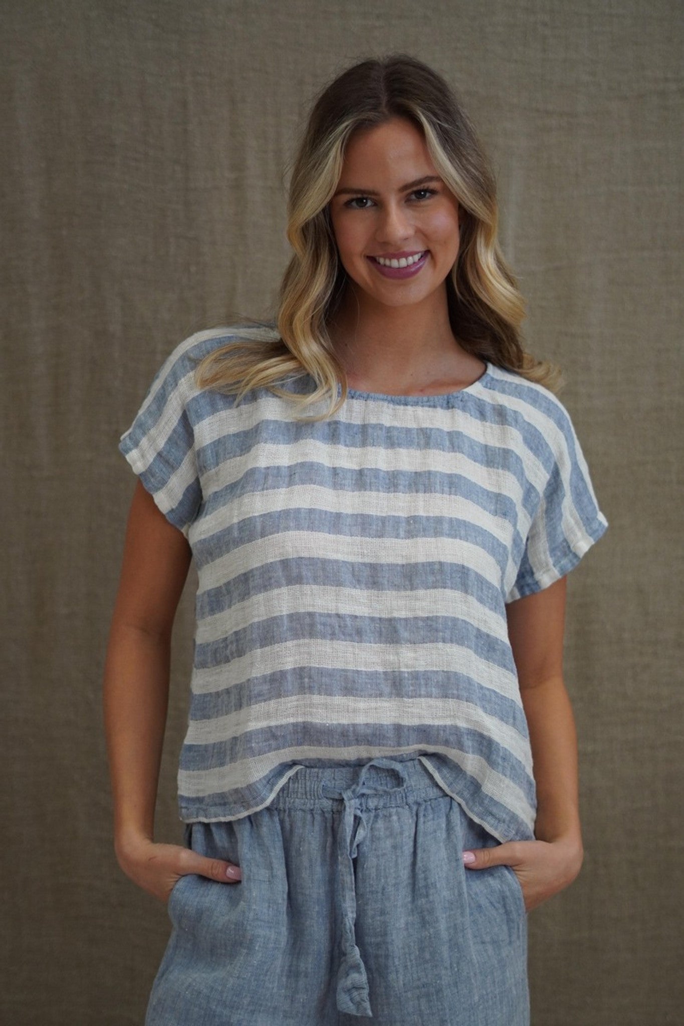 The Cornflower Blue & White Stripe Carina Box Top by Rustic Linen is available at Rawspice Boutique.