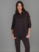 Espresso Croydon Long Sleeve Shirt featuring an oversized fit, classic collar, button front, full-length sleeves and curved hi-lo hemline.