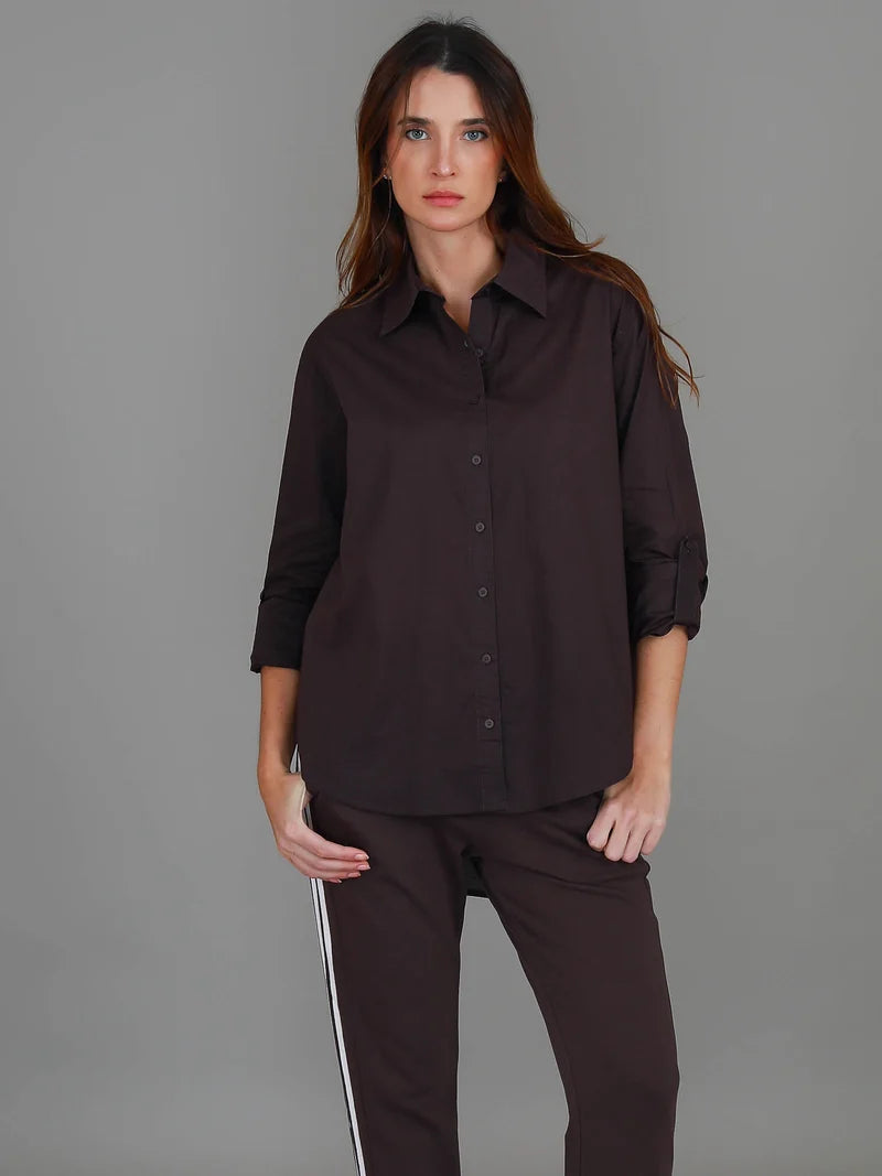Espresso Croydon Long Sleeve Shirt featuring an oversized fit, classic collar, button front, full-length sleeves and curved hi-lo hemline.