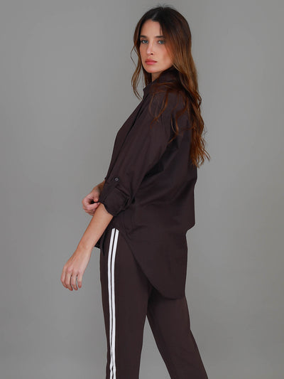 Espresso Croydon Long Sleeve Shirt featuring an oversized fit, classic collar, button front, full-length sleeves and curved hi-lo hemline.