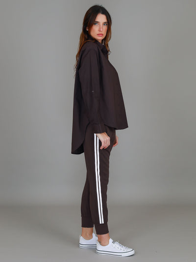 Espresso Croydon Long Sleeve Shirt featuring an oversized fit, classic collar, button front, full-length sleeves and curved hi-lo hemline.