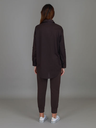 Espresso Croydon Long Sleeve Shirt featuring an oversized fit, classic collar, button front, full-length sleeves and curved hi-lo hemline.