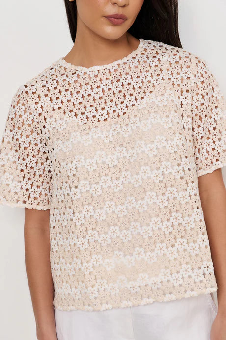 Kaia Daisy Chain A-Line Top in Natural featuring daisy lace, round neckline, mid sleeves, and relaxed silhouette.