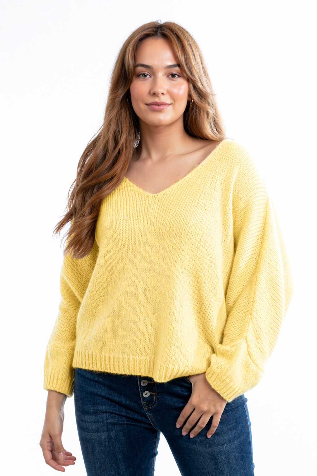 Daria Jumper with a flattering V-neck, relaxed batwing sleeves and an oversized fit, styled for effortless everyday comfort.
