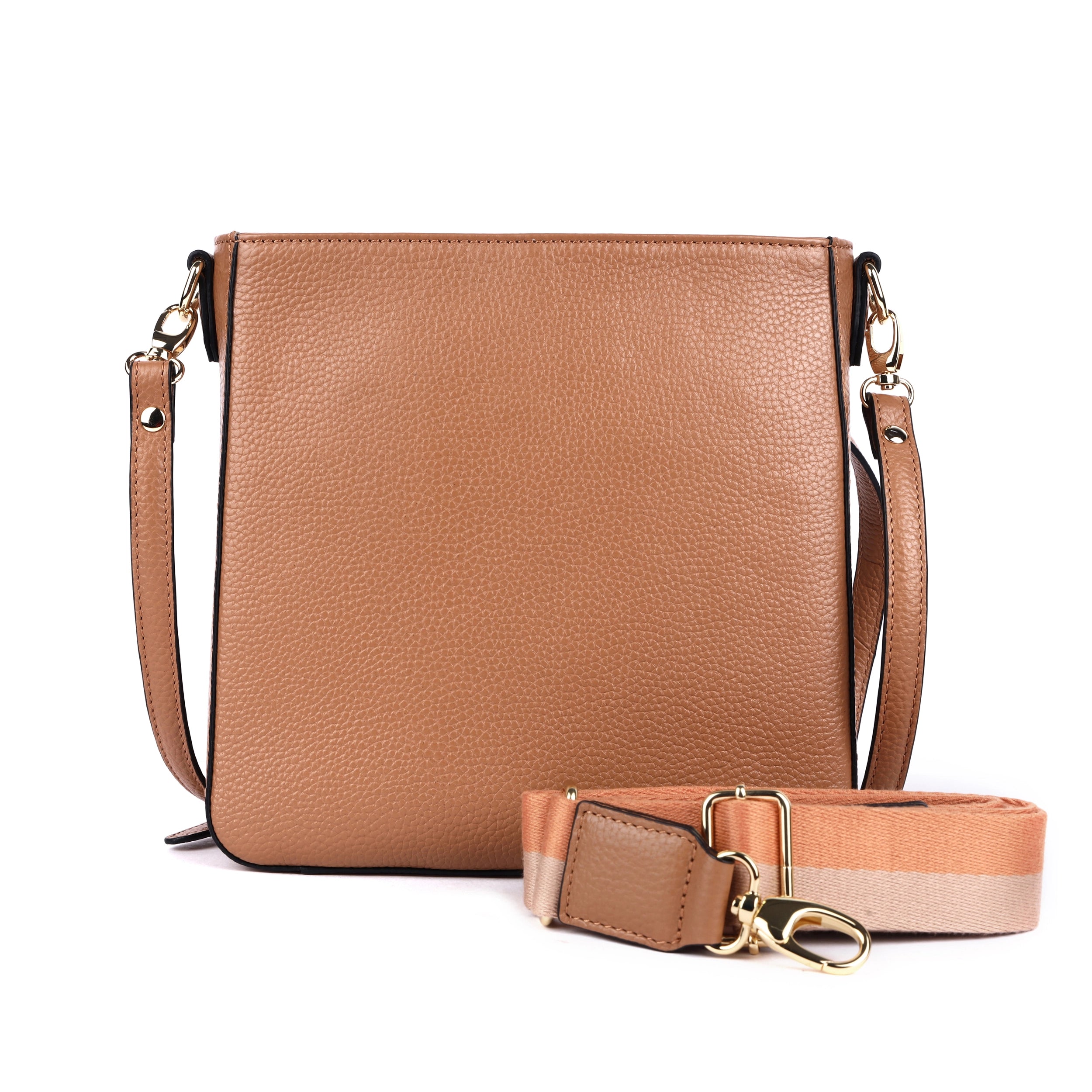 Rugged Hide Darwin Bag, a structured leather crossbody bag with gold fittings, textured Floater leather, versatile adjustable straps, and multiple internal and external pockets. Features a stripe lining for added style.