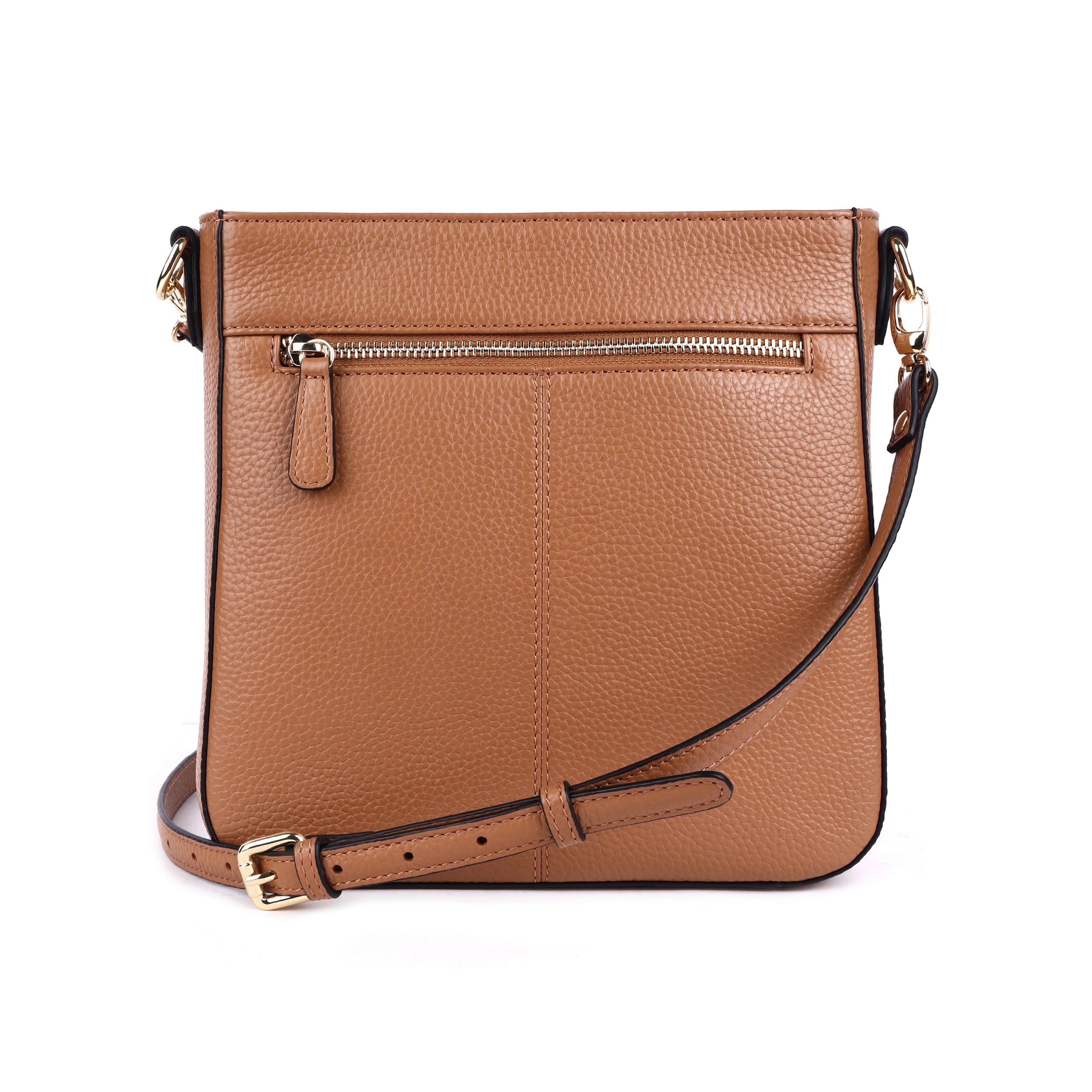 Rugged Hide Darwin Bag, a structured leather crossbody bag with gold fittings, textured Floater leather, versatile adjustable straps, and multiple internal and external pockets. Features a stripe lining for added style.