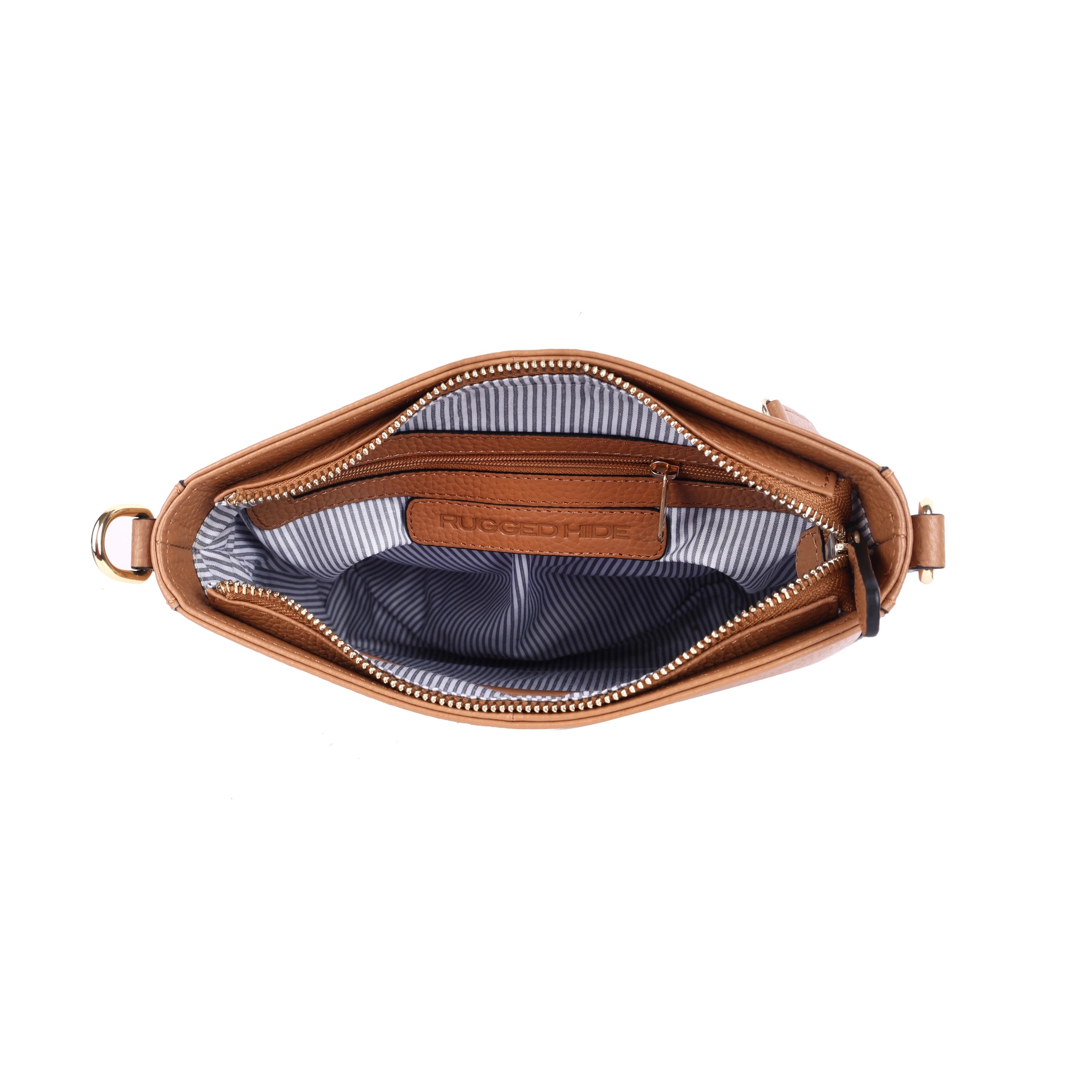 Rugged Hide Darwin Bag, a structured leather crossbody bag with gold fittings, textured Floater leather, versatile adjustable straps, and multiple internal and external pockets. Features a stripe lining for added style.