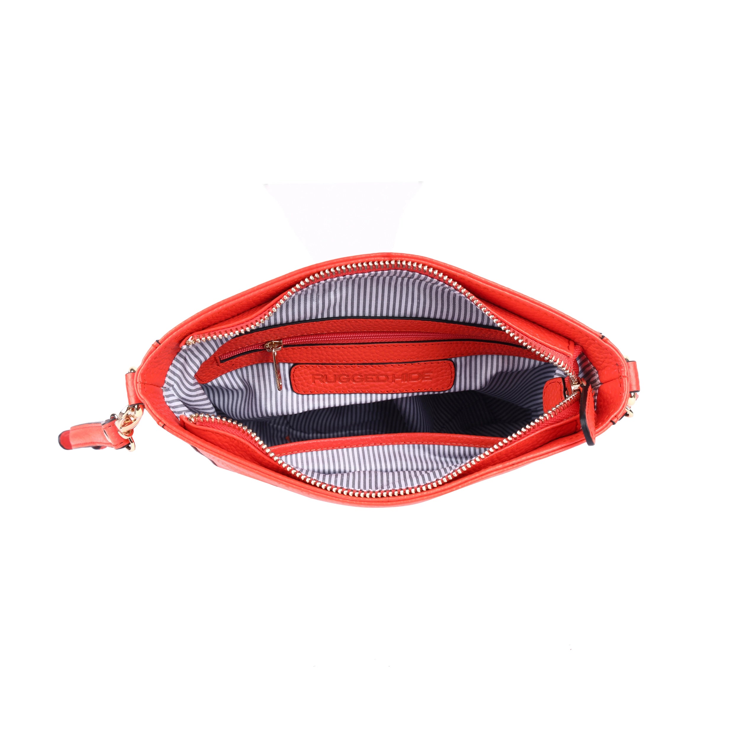 Rugged Hide Darwin Bag, a structured leather crossbody bag with gold fittings, textured Floater leather, versatile adjustable straps, and multiple internal and external pockets. Features a stripe lining for added style.