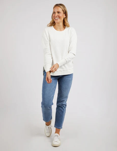 Delilah Crew jumper in Vintage White featuring a crew neckline, ribbed detailing, and a relaxed fit with a curved hem.