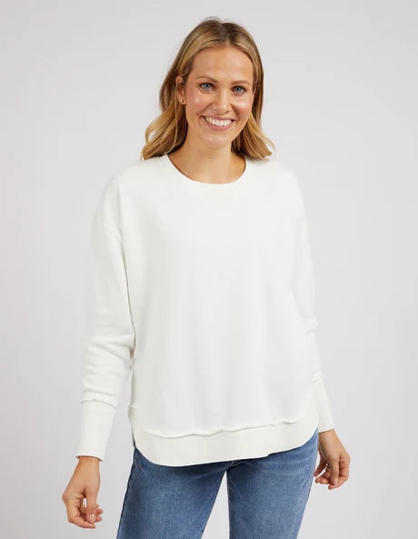 Delilah Crew jumper in Vintage White featuring a crew neckline, ribbed detailing, and a relaxed fit with a curved hem.