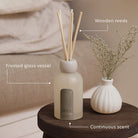 al.ive Willow Gum & Lemon Myrtle reed diffuser in a frosted glass vessel with natural reeds.