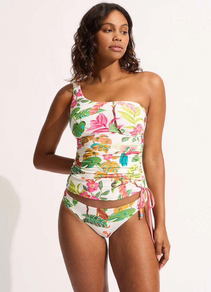 The Ecru Tropica One-Shoulder Tankini Top by Seafolly is currently available at Rawspice Boutique.