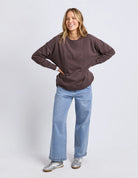 Established Crew in Coffee with chest embroidery, raw hem detail, scooped hemline and a relaxed fit in 100% cotton fleece.
