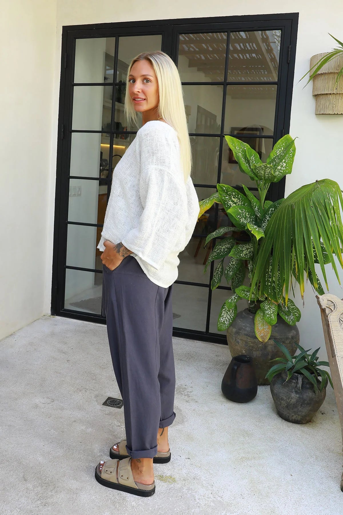 Estelle Hessian V Neck Top in natural white with 3/4 sleeves, V-neckline and scalloped hemline in textured handwoven cotton rayon fabric.