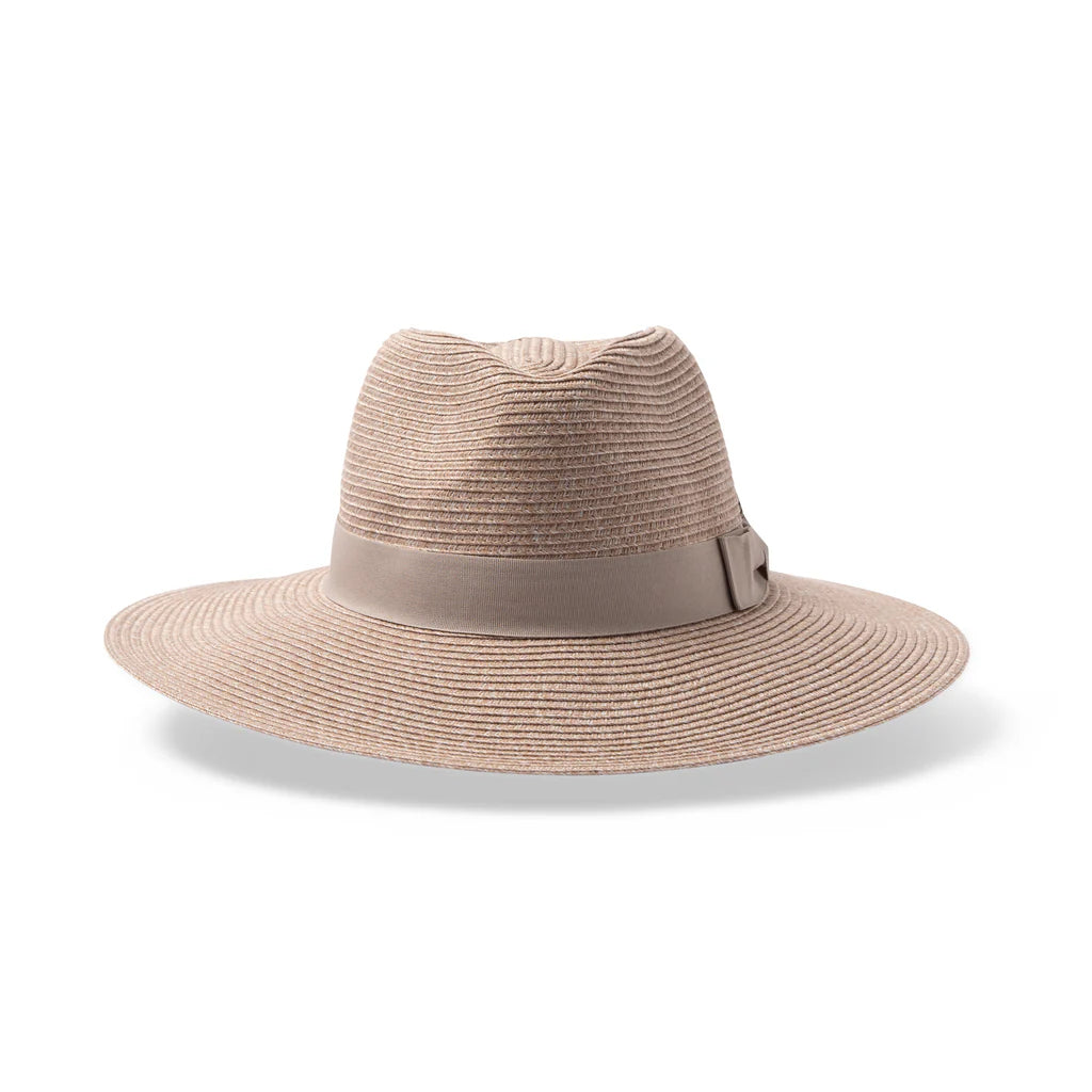 Fiona Wide Brim Fedora in sandstone, made from Flexibraid® with a shallow crown and wide brim for sun protection.