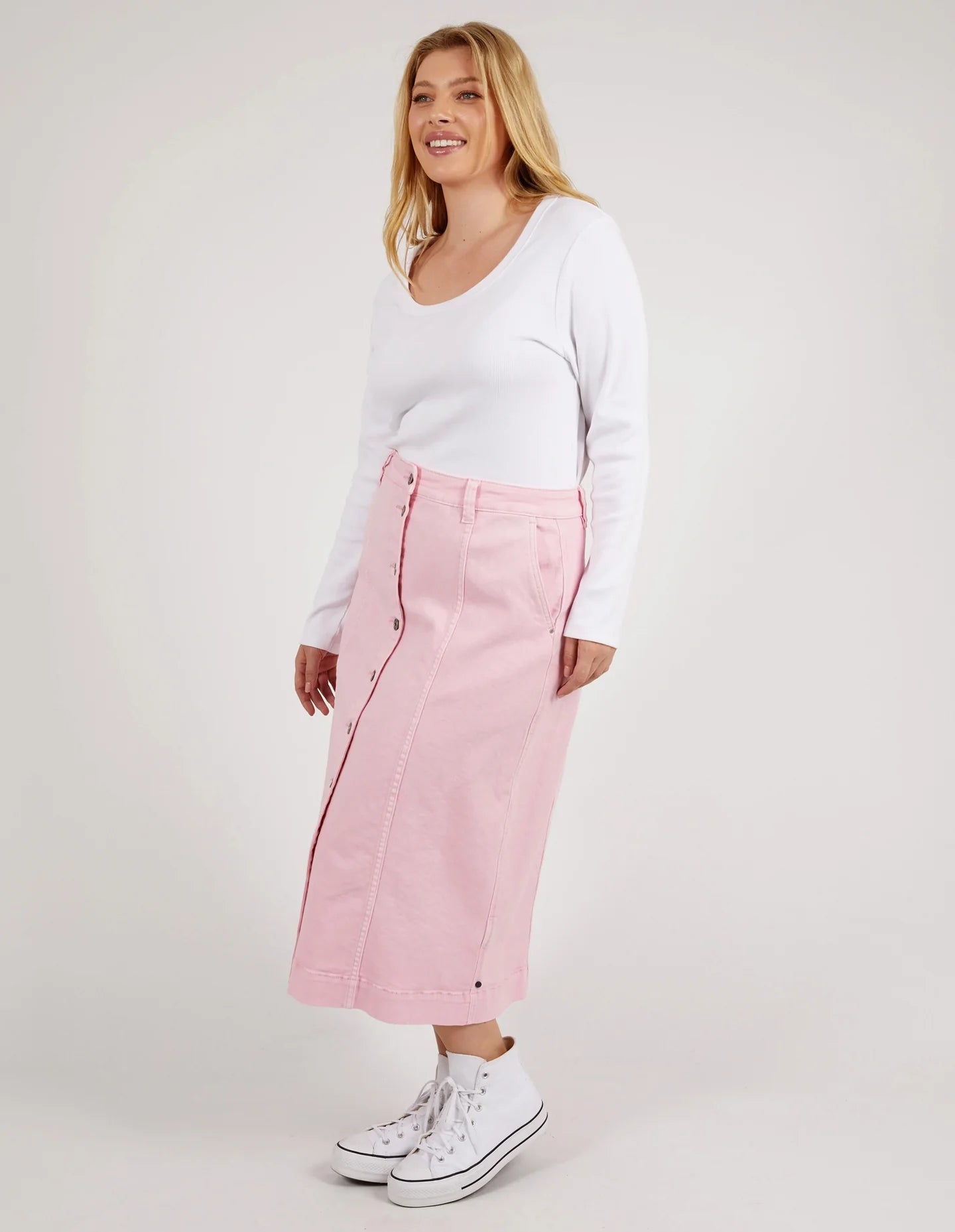 The Splendid Pink Florence Button Thru Skirt by Elm is currently available at Rawspice Boutique.