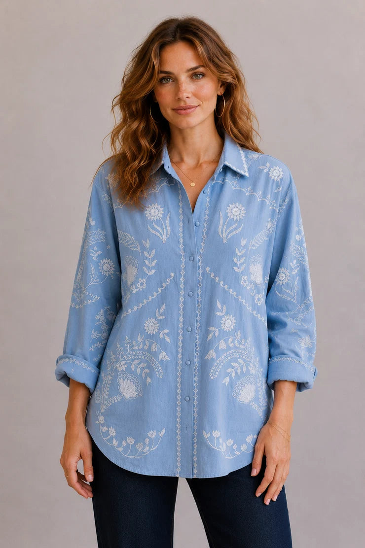 Feather Embroidery Shirt in soft chambray linen with hand-designed floral embroidery, classic collar and relaxed oversized fit.