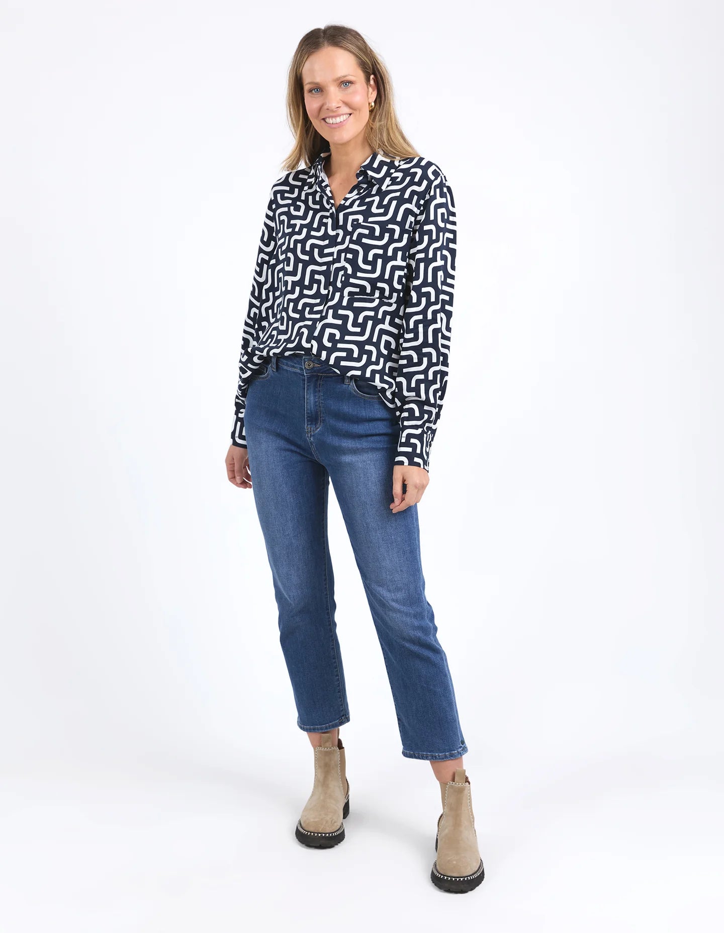 Gemma Geo Shirt in navy with a white geometric print, featuring a classic fit, button-down front, and lightweight fabric for versatile, everyday styling.