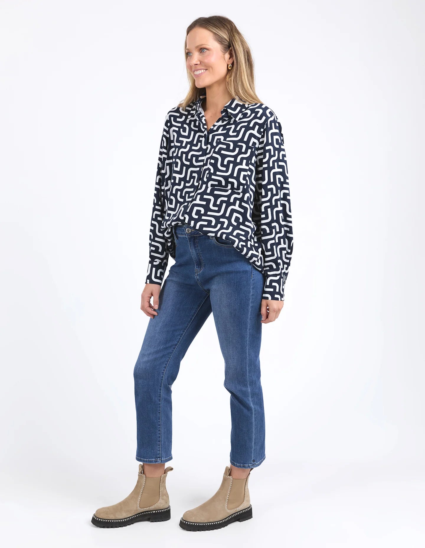 Gemma Geo Shirt in navy with a white geometric print, featuring a classic fit, button-down front, and lightweight fabric for versatile, everyday styling.