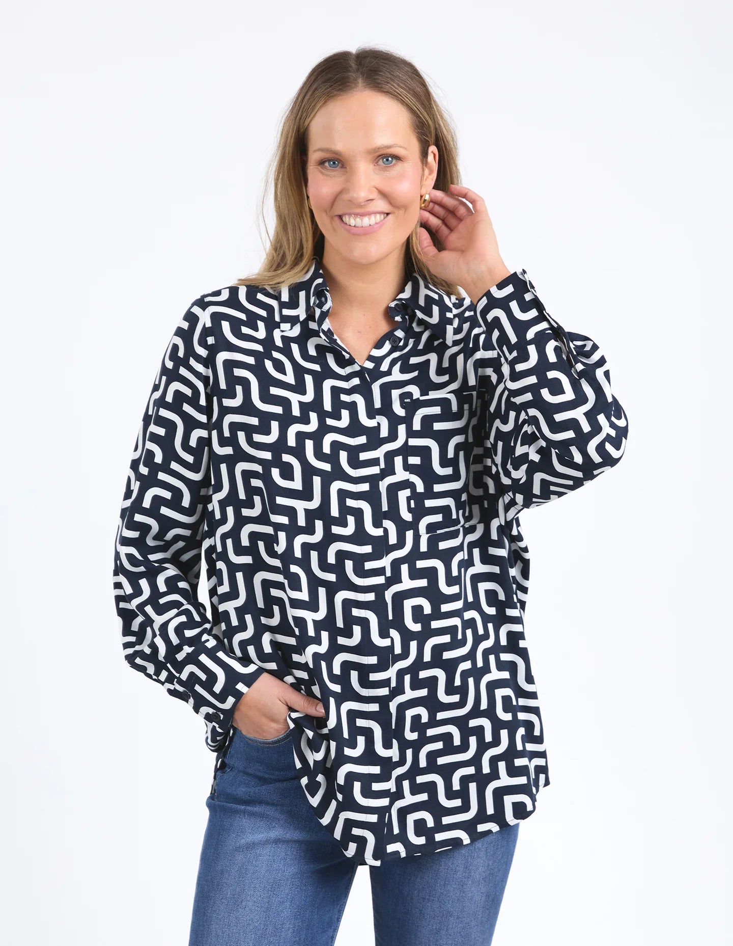 Gemma Geo Shirt in navy with a white geometric print, featuring a classic fit, button-down front, and lightweight fabric for versatile, everyday styling.