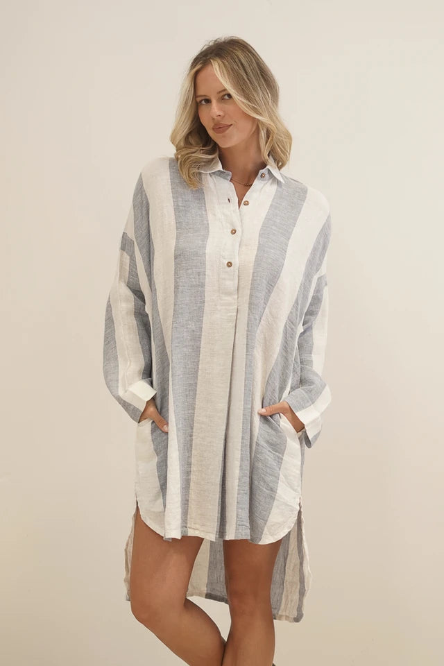 Giana Shirt Dress in Corn Blue Stripe with a relaxed fit, button-through front, long sleeves, side pockets and longer back hem.